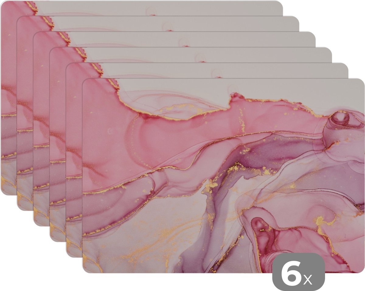 Placemats - Marmer - Roze - Goud - Onderleggers placemat - 45x30 cm - 6 stuks