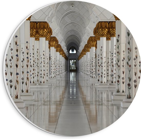 PVC Schuimplaat Muurcirkel - Pilaren met Gouden Details in Witte Tempel - 20x20 cm Foto op Muurcirkel (met ophangsysteem)