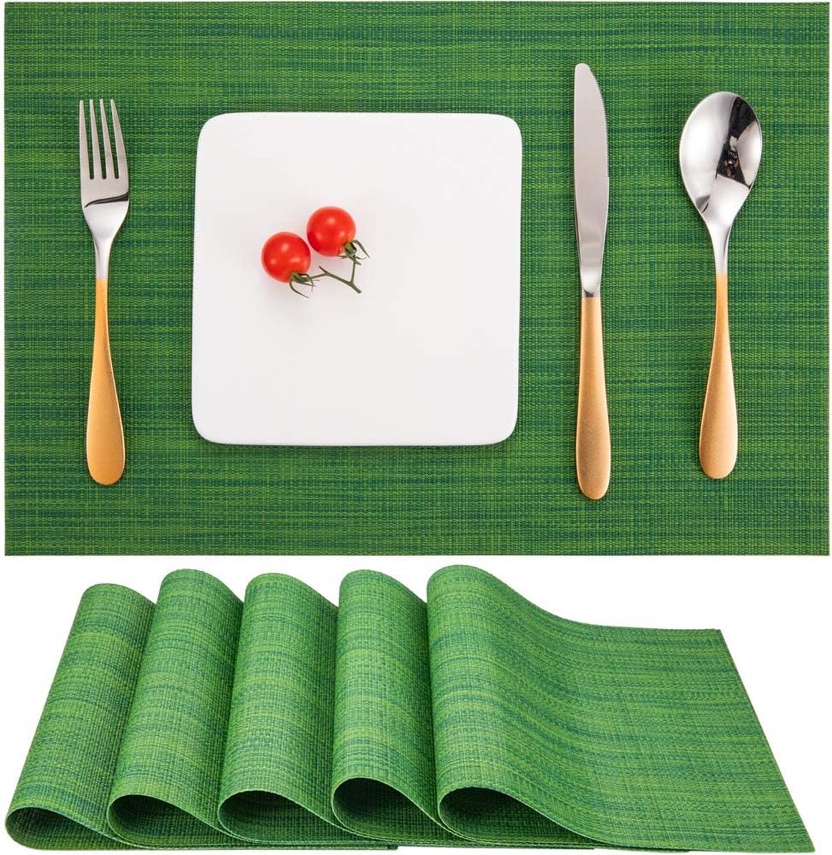 Placemats Set van 6, Vinyl Placemats Geweven Wasbaar Hittebestendige Antislip Geschikt voor Keuken Familie Restaurant Koffiebar (Donkergroen)