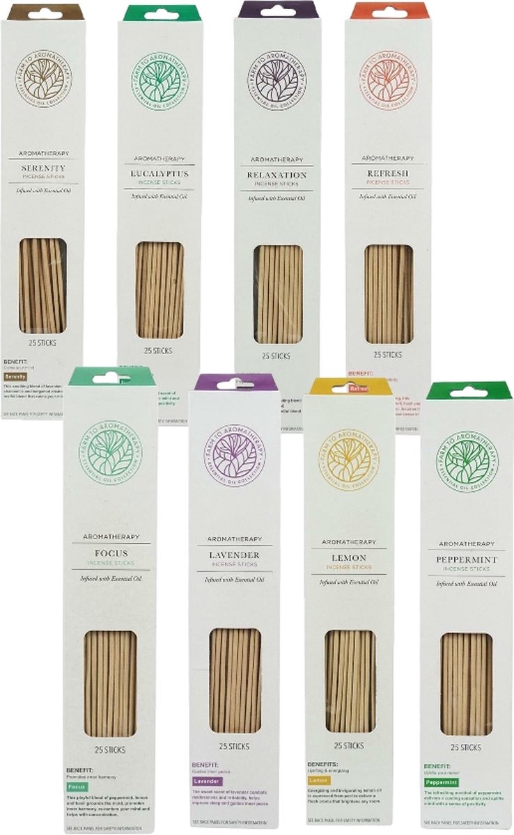 Farm to Aromatherpy Wierook Aromatherapy - assortiment met 200 etherische wierookstokjes 8 heerlijke geuren - 8 x 25 stuks multikleur