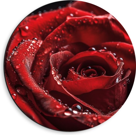 Dibond Muurcirkel - Grote Rode Roos met Waterdruppels erop - Bloemen - 40x40 cm Foto op Aluminium Muurcirkel (met ophangsysteem)