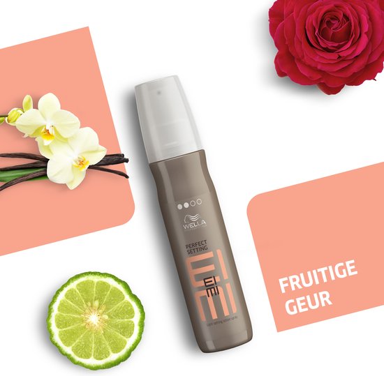Wella EIMI Perfect Setting haarlotion spray naast fruit en bloemen.