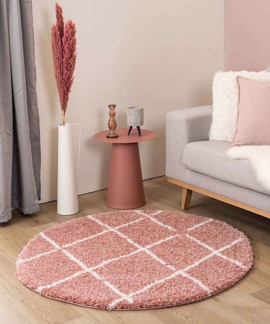 Rond hoogpolig vloerkleed ruiten Artisan - roze/wit 240 cm rond