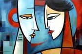 JJ-Art (Aluminium) 90x60 | Man en vrouw, modern surrealisme, Picasso stijl, abstract, rood, blauw, bruin, kunst | kleurrijk, stijlvol, modern | foto-schilderij op dibond, metaal wanddecoratie