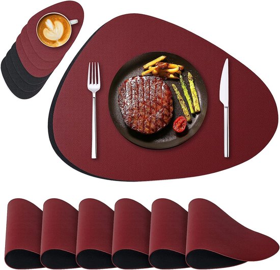 Placemats, afwasbaar, 6delige set, afwasbaar, leer, rond