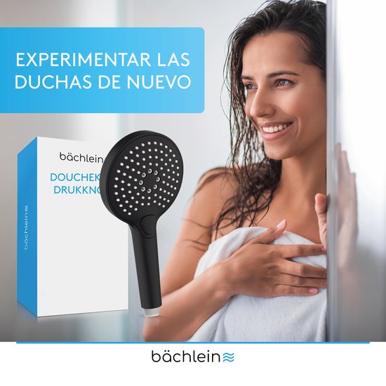 Pommeau de douche universel Bächlein - Pommeau de douche avec 3 types de jets, facile à changer grâce à un bouton poussoir pratique - Pommeau de douche rond noir mat - Douchette à main avec dimensions de raccordement standard G 1/2"