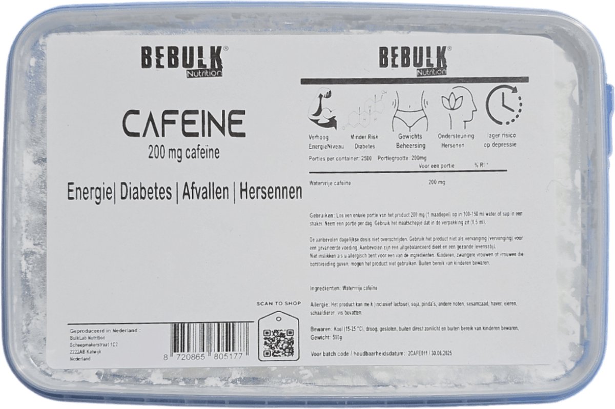 Cafeine Poeder - BeBulk Nutrition 500g Neutraal