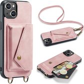 Casemania Hoesje Geschikt voor Apple iPhone 15 Pale Pink - Luxe Back Cover met Koord - Wallet Case - Pasjeshouder