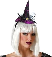 Halloween heksenhoed - mini hoedje op diadeem - one size - zwart/paars - meisjes/dames