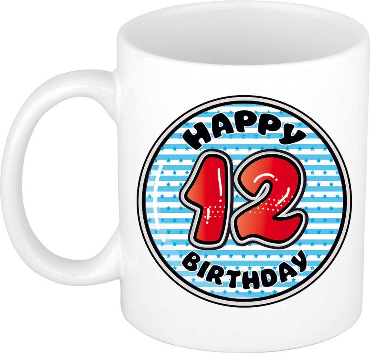Bellatio Decorations Verjaardag cadeau mok - 12 jaar - blauw - gestreept - 300 ml - keramiek