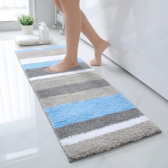 Antislip badkamertapijt Zachte hoogpolige microvezel badmat Absorberende badmatten Wasbare badmat - 40 x 120 cm, blauw/grijs