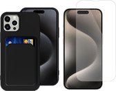 Geschikt voor iPhone 15 Plus Pasjes houder Hoesje Case + Screenprotector – Gehard Glas Cover - Portemonnee Hoesje Cover - Zwart