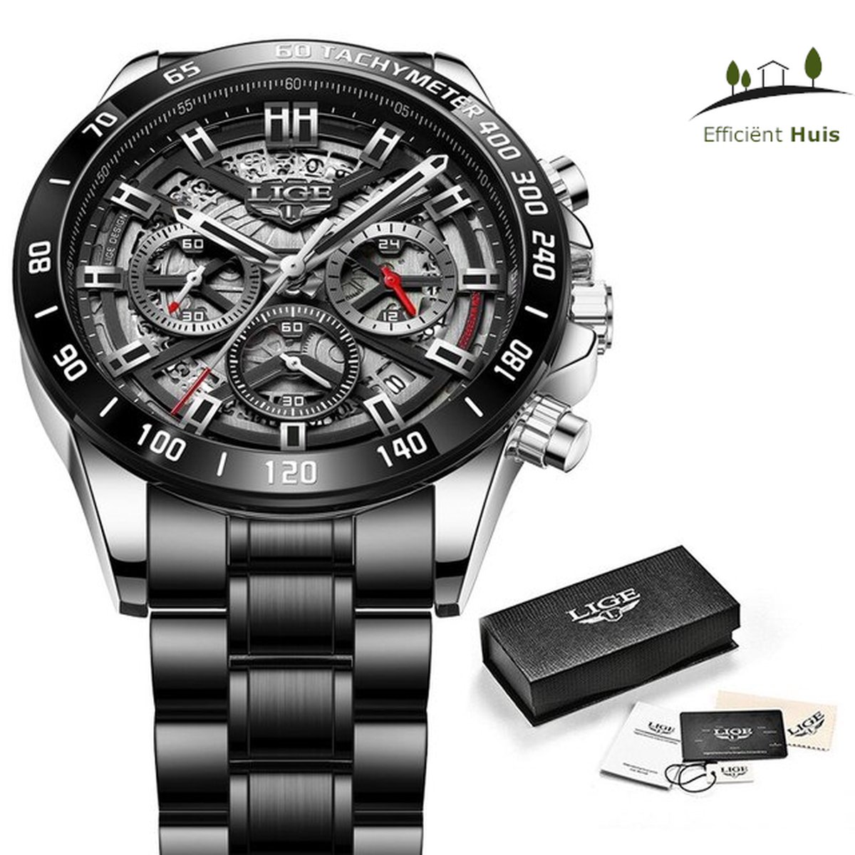 Lige Heren Horloge - Zilver Zwart - Quartz Horloge - Waterdicht 30m - 44mm