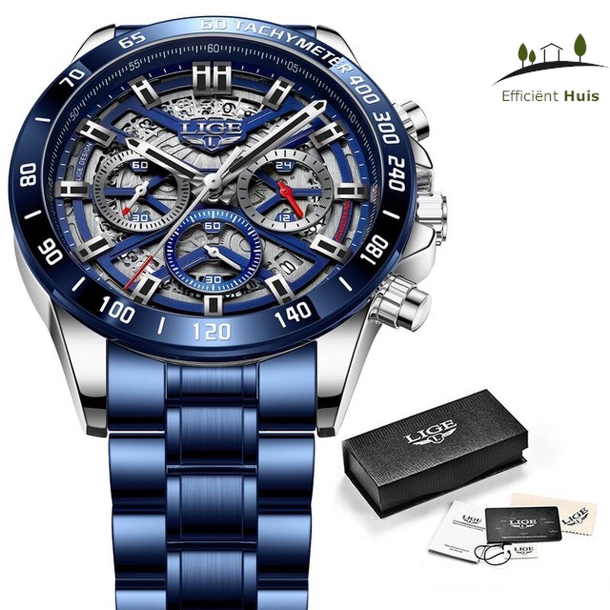 Lige Heren Horloge - Zilver Blauw - Quartz Horloge - Waterdicht 30m - 44mm