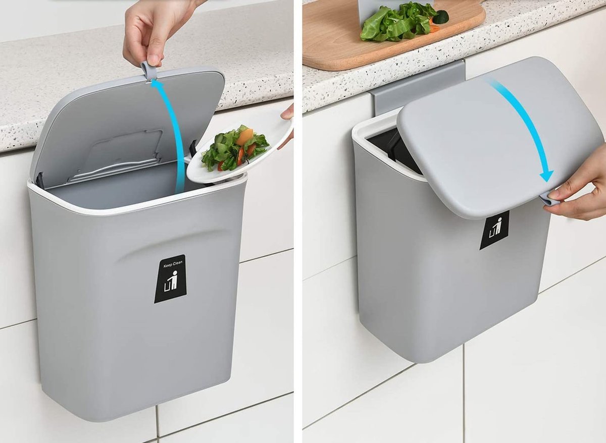 Compostbak voor keuken -2 4 gallons 9L prullenbak voor onder gootsteen hangende kleine prullenbak met deksel voor badkamer slaapkamer compostemmer binnenshuis (grijs)