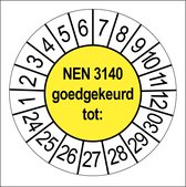 50 Keuringsstickers NEN 3140 Goedgekeurd tot: Rond 35 mm jaartal 24 tot 30