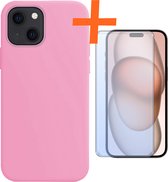Hoesje Geschikt voor iPhone 15 Hoesje Siliconen Cover Case Met Screenprotector - Hoes Geschikt voor iPhone 15 Hoes Back Case - Lichtroze