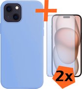 Hoesje Geschikt voor iPhone 15 Hoesje Siliconen Cover Case Met 2x Screenprotector - Hoes Geschikt voor iPhone 15 Hoes Back Case - Lichtblauw