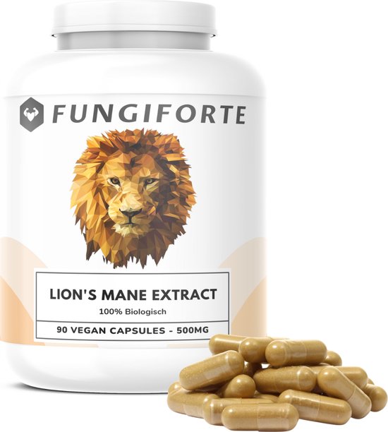 FungiForte Lion's Mane Extract 90 vegan capsules 500mg met een leeuwenkop logo. Stapel capsules naast de pot.