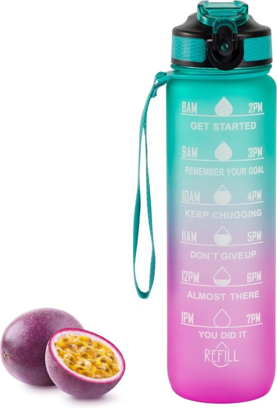 Foto: Flow goods motivatie waterfles turquoise paars drinkfles met rietje waterfles 1 liter waterfles met tijdmarkeringen