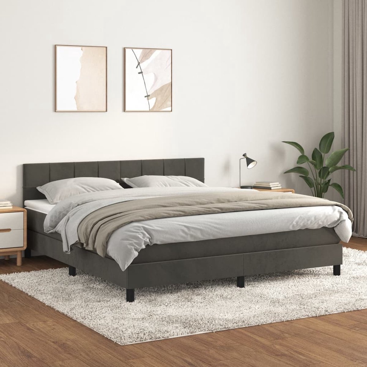 The Living Store Bed Donkergrijs Boxspring - 203x160x78/88 cm - Zacht fluweel