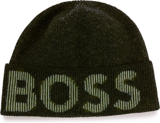 Hugo Boss - Bonnet - vert - en coton et laine avec logo tricoté - homme