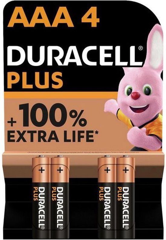 Verpakking van vier AAA Duracell Plus batterijen met een roze konijn.