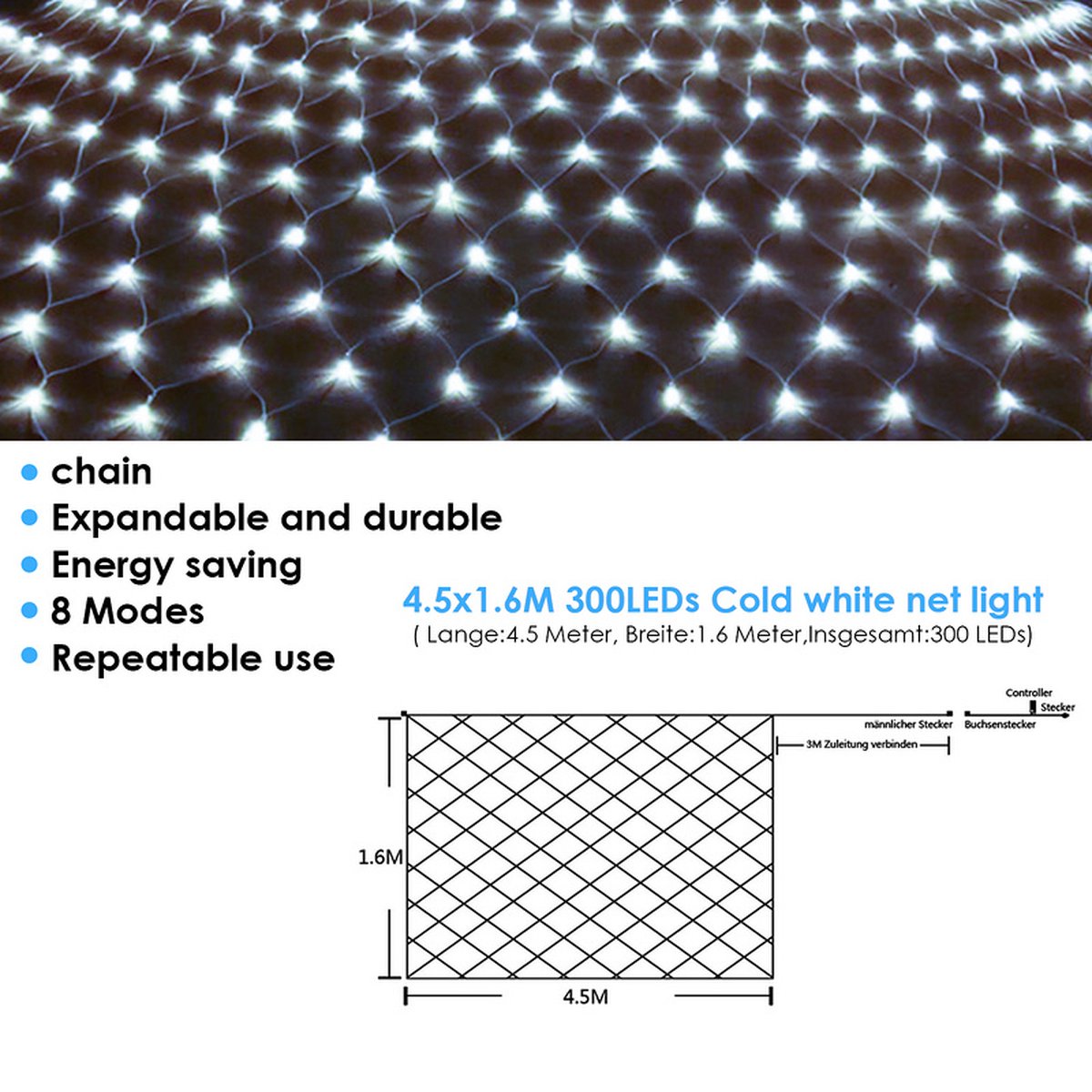 Guirlande lumineuse Filet rideau lumineux 4.5 x 1.6m 300 LED, LED