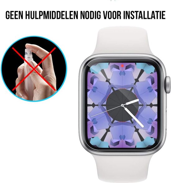 Apple Watch 42mm met witte band en digitale wijzerplaat. Links een rode cirkel met kruis door spuitbus.