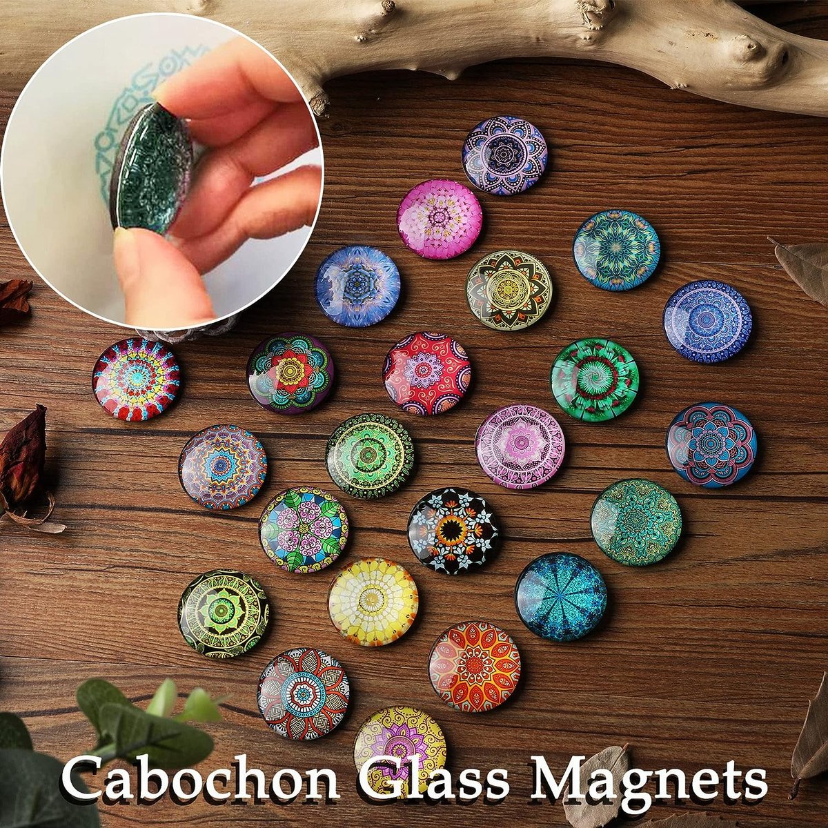 STAR&STER Set van 24 koelkastmagneten, decoratieve glazen cabochons met mandala-patroon, 3D-magneten voor koelkast, magneetbord, whiteboard, prikbord enz. (rond/30 mm)