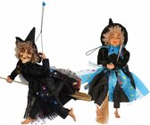 Set van 2x Halloween decoratie heksen pop op bezem - 30 cm - blauw/zwart