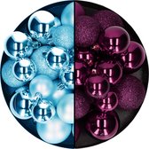 Kerstballen 60x stuks - mix paars/ijsblauw - 4-5-6 cm - kunststof - kerstversiering