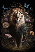 Leeuw met bloemen #4 poster - 50 x 70 cm