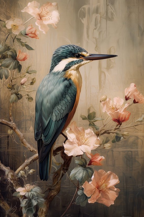 Ijsvogel met bloemen #1 vintage - canvas - 60 x 90 cm