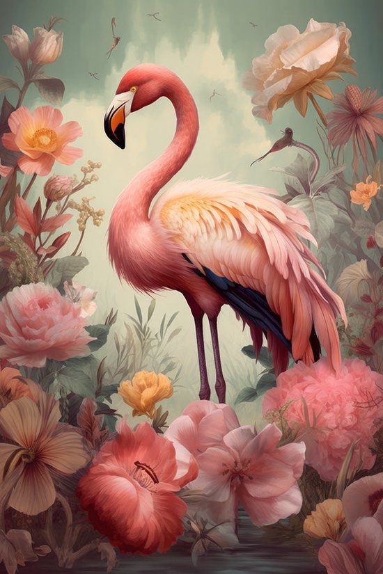 Flamingo met kleurrijke bloemen #3 - canvas - 76 x 100 cm