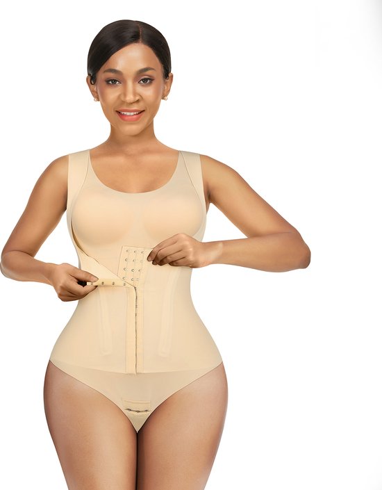 Shapewear 4-in-1 Waist Trainer Corset Bodysuit - Buttoned Tummy Control High Waist with Padded Bra - nude - XXL