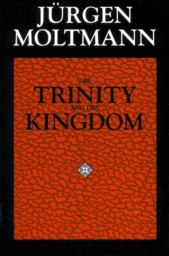 Boekomslag 'The Trinity and the Kingdom' van Jürgen Moltmann. Rode textuur met zwarte tekst.