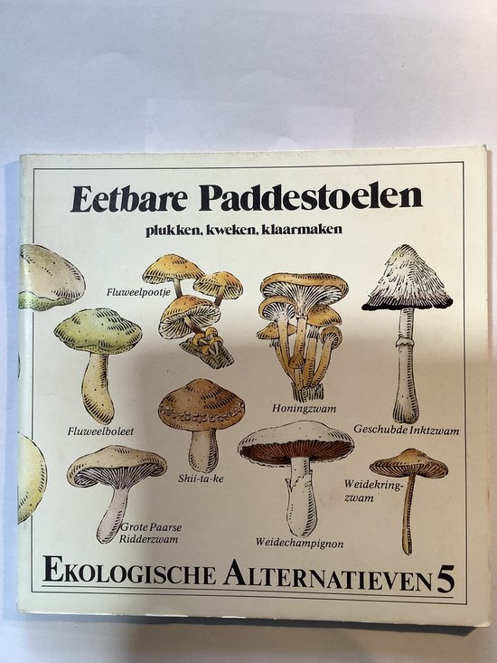 Illustraties van eetbare paddestoelen, waaronder fluweelboleet, fluweelpooje, honingzwam, shiitake, weidechampignon, weidekringzwam en geschubde inktzwam.