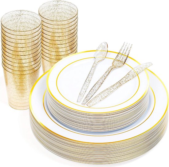 MATANA 150-delig Plastic Feestservies - 50 Witte Feestborden met Gouden Rand (2 Maten), 25 Lepels, 25 Vorken, 25 Messen, 25 Feestbekers - Bruiloften en Verjaardagen
