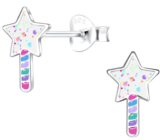 Joy|S - Zilveren ster oorbellen - 6 x 10 mm - glittertjes en verschillende kleurtjes - kinderoorbellen