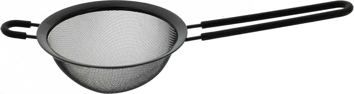 Stainless steel kitchen sieve, steamer insert for cooking pots with rim, black