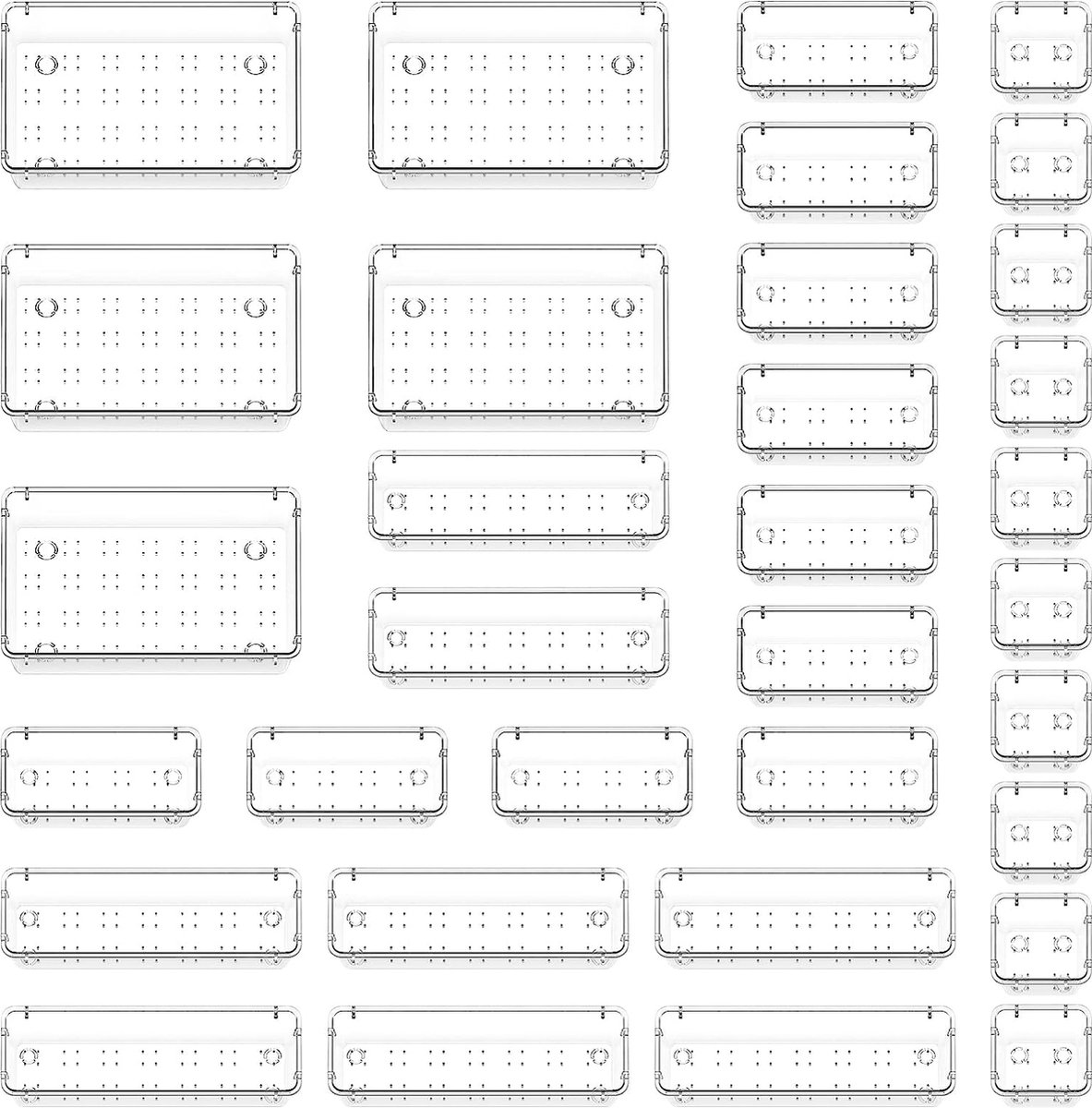 Goedkoopste 33 stuks lade-organizers, ladeverdeler, verstelbaar met 4 maten, transparante kunststof keukenorganizer, make-uptafelorganizer voor make-up, badkamer, kantoor, fridge