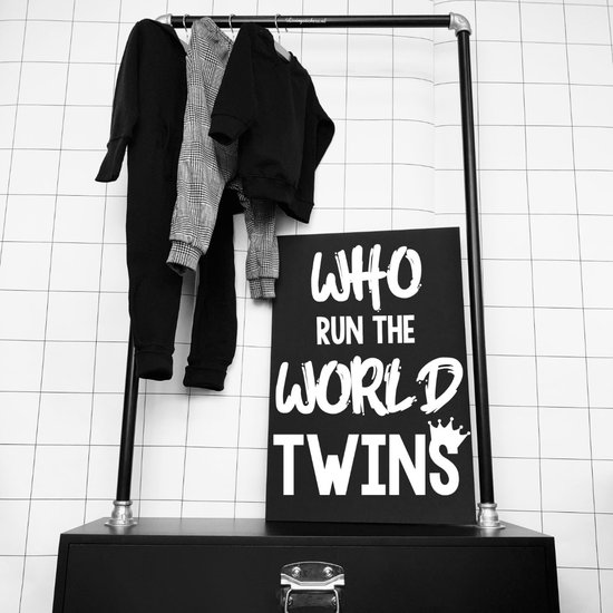 Decoratiebord Tweeling-tekstbord-Who-run-the-world-twins met kroontje-