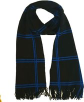 Herensjaal winter wintersjaal geblokt van acryl 180 x 30 centimeter kleur zwart kobalt blauw