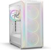 Witte pc-behuizing met drie rgb-ventilators op de voorkant. "be quiet!" logo op de voorkant.