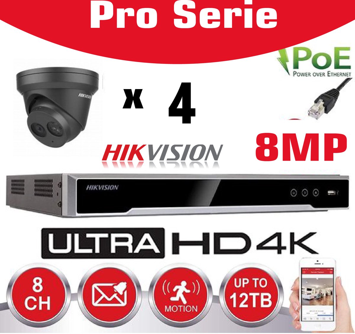 HIKVISION 8MP Bewakingscamera Kit Pro Serie - NVR 8Ch 4K UHD IP POE - 4x 8MP IP TURRET CAMERA Pro-Serie In/Buiten Nachtzicht IR Tot 30m - 2TB HDD Opslag