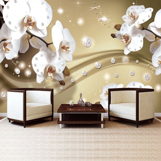 Papier peint photo Peint Intissé - Orchidées Scintillantes et Diamants - 254 x 184 cm