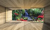 Fotobehang - Vlies Behang - Kleurrijke Jungle Planten Terras Zicht 3D - 254 x 184 cm