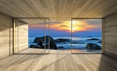 Fotobehang - Vlies Behang - Rotsen in Zee bij Zonsondergang Terras Zicht 3D - 312 x 219 cm