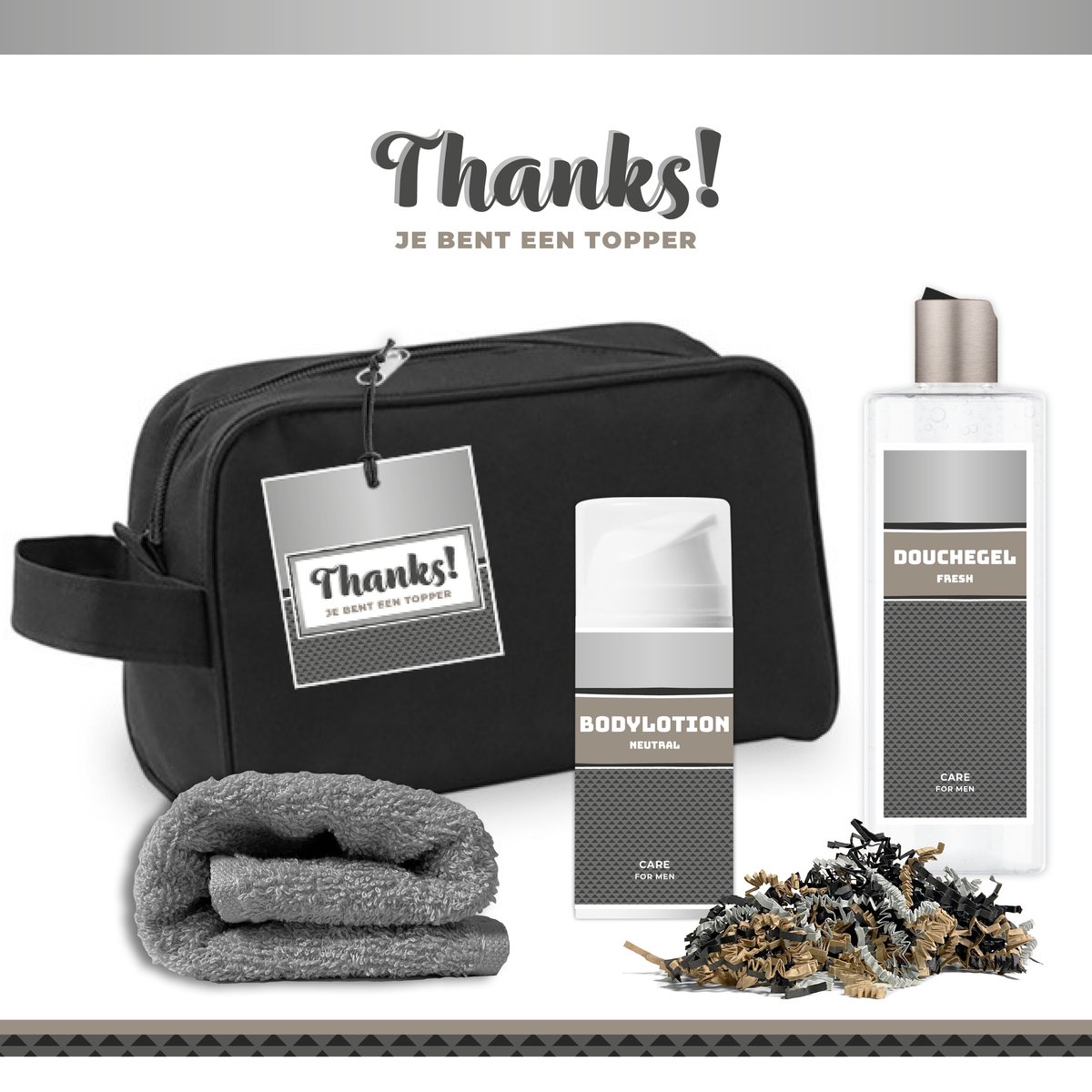Goedkoopste Geschenkset Thanks! Je bent een topper - 4 Producten - 400 Gram | Toilettas - Giftset voor hem - Luxe cadeaubox man - Douchegel - Bodylotion - Vader - Wellness - Pakket - Cadeau set - Bedankt - Thank You - Broer - Vriend - Collega - Zilver